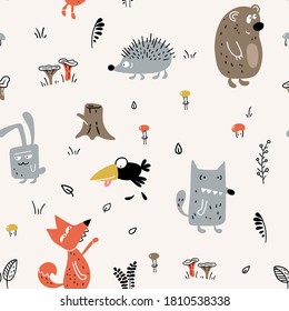Childish scandinavian animal seamless pattern. Doodle nursery print bear fox bunny mushroom, vector hand drawn repeat illustration.