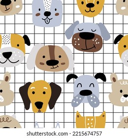 Childish Scandinavian hand-drawn dogs on a white checkered background. Trendy seamless pattern vector background. Ideal for kids clothing, fabric, textiles, nursery, wrapping paper