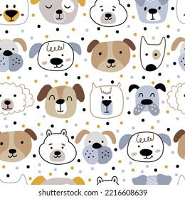 Childish Scandinavian hand-drawn dogs on a white background with dots. Seamless kids pattern with pets. The print is ideal for a changing room, nursery room, wallpaper, wrapping paper, or fabric.