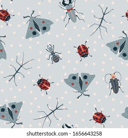 Childish scandinavian insects hand-drawn vector seamless pattern. Cartoon ladybug, stick insect, ant, rhinoceros beetle, moth, butterfly.  For wrapping paper, fabric, textile, wallpaper, background