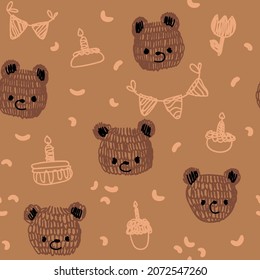 Childish scandinavian pattern with cute bear. Happy birthday party. Seamless pattern for fabric, paper, wrapping, clothing, textile, wallpaper. Vector illustration