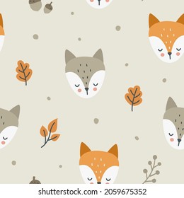 Childish scandinavian pattern with cute fox and wolfs  sleepy head and autumn foliage. Seamless texture for textile, fabric, apparel, wrapping, paper, stationery, nursery.