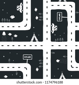 Childish scandinavian seamless pattern with road. Vector hand drawn illustration.
