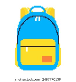 Childish school backpack Pixel art style. Schoolbag icon 8 Bit texture. Game logo signs for education concept. Vector illustration on transparent background