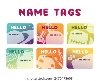 Childish school name tag with science and sport lesson silhouette design template set vector flat illustration. Kids personal identification information mark with chemistry astronomy baseball history