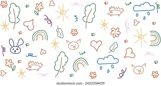 Childish scribble isolated white background. Seamless pattern with hand drawing rainbow tree flower animal. Hand drawn doodle child element collection. Vector illustration. EPS 10 Editable stroke.