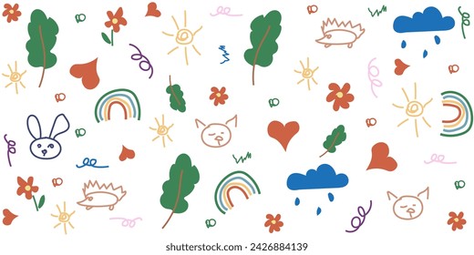 Fondo blanco aislado de garabato infantil. Patrón sin fisuras con la mano que dibuja el animal de la flor del árbol del arco iris. Dibujado a mano doodle colección de elementos secundarios. Ilustración vectorial. EPS 10 Trazo editable.