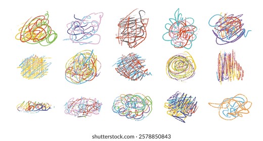 Childish scribble style set, messy line, colorful were drawn by children, drawing with chalk, wax, crayon, colored pencil, charcoal, rough sketch, wavy line, straight with texture and random, freehand