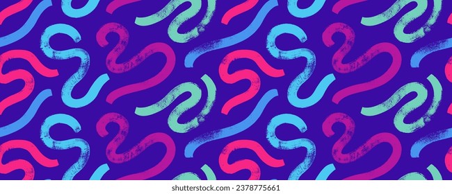 Childish scribble wallpaper print with squiggles and wavy bold lines in purple and pink shades. Brush drawn curved strokes and marker wavy lines. Biological rough smears seamless banner design.