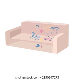Childish scribblings on sofa semi flat color vector object. Child drawing on furniture. Full sized item on white. Simple cartoon style illustration for web graphic design and animation