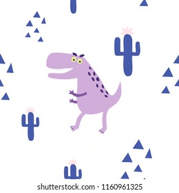 Childish seamess pattern with cute dinosaur and cacti. Creative vector childish background for fabric, textile, wrapping.