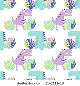Childish seamess pattern with cute dinosaurs. Creative vector childish background for fabric, textile, wrapping.