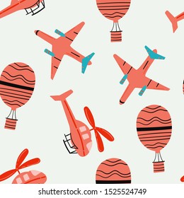 Childish seamless air transportation pattern with plane,helicopter,air balloon.Creative transportation texture for fabric,wrapping,textile, wallpaper,apparel.Vector illustration