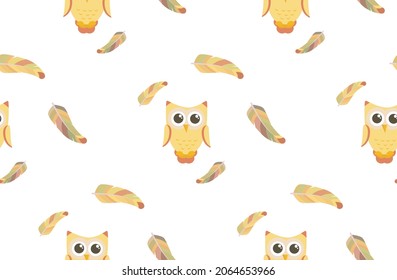 Kindernahtlose Tiermuster mit süßen Cartoon-gelben Eulen und Federn. Baby-Tapete und Stoff. hervorragend zum Verpacken von Papier.