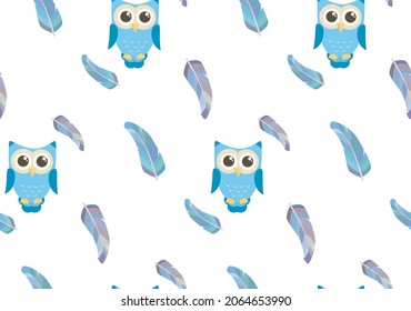 Childish seamless animal pattern with cute cartoon blue owls and feathers. Baby wallpaper and fabric. great for wrapping paper.