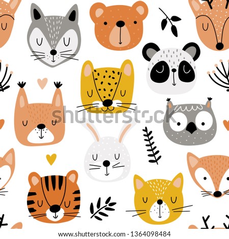 Childish seamless background with cute animals and leafs in scandinavian style. Animal heads cartoon background for baby textile, wrapping paper, wallpaper in vector.