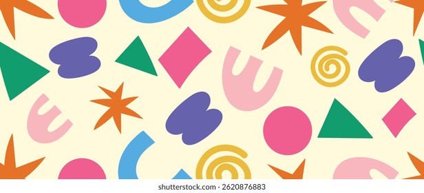 Childish seamless background pattern. Fun geometric shapes doodle design for print, textiles, fabric, packaging design and wallpaper. 
