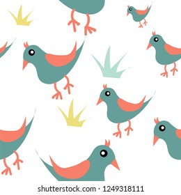 childish seamless bird, grass, hand drawn for fabric, textile
