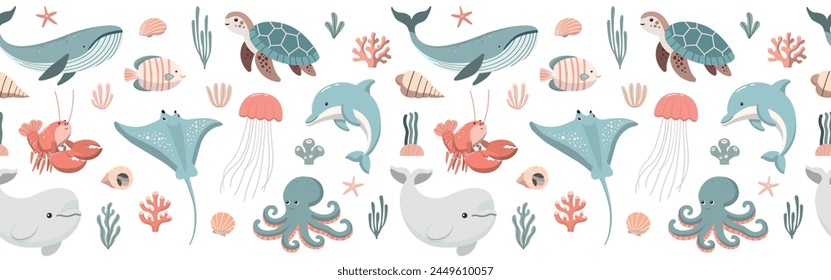 Childish seamless border pattern with underwater animals, corals and seaweed. Perfect for kids fabric, wallpaper, wrapping paper. Isolated on white background