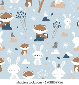 Childish seamless bunny and fox pattern. Creative kids texture for fabric, wrapping, textile, wallpaper, apparel. Vector hand drawn illustration. 