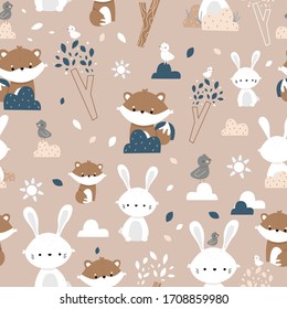 Childish seamless bunny and fox pattern. Creative kids texture for fabric, wrapping, textile, wallpaper, apparel. Vector hand drawn illustration. 