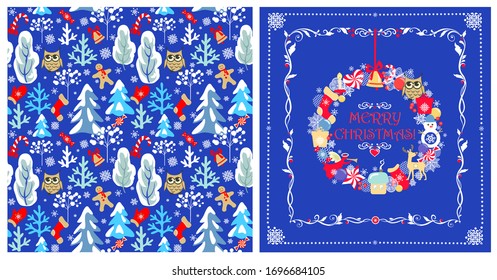 Childish seamless Christmas winter pattern for wrapping and Xmas wreath with snowy firs, trees, owl, jingle bell, gingerbread, snowman, deer, mitten, sock, candy and snowflakes on the blue background 