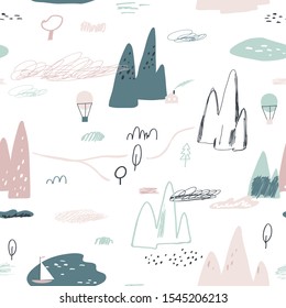 Childish seamless colorful pattern with mountains, hills, valleys and houses. Scandinavian landscape.