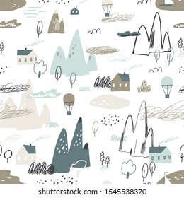 Childish seamless colorful pattern with mountains, hills, valleys and houses. Scandinavian landscape.