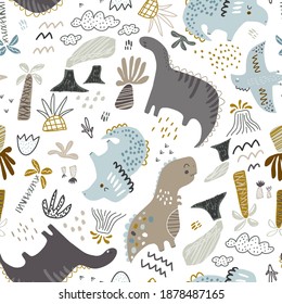 Childish seamless dino pattern. Creative hand drawn funny dinosaurs background. Vector background for fabric, textile, apparel, wallpaper.