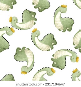 Childish seamless dino pattern..Kids baby pattern with cute dinosaurs. Seamless repeating pattern with green dinosaurs with crown. Scandinavian childish pattern with dinosaurs.