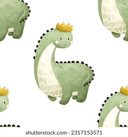 Childish seamless dino pattern..Kids baby pattern with cute dinosaurs. Seamless repeating pattern with green dinosaurs with crown. Scandinavian childish pattern with dinosaurs.