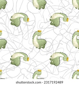 Childish seamless dino pattern..Kids baby pattern with cute dinosaurs. Seamless repeating pattern with green dinosaurs with crown. Scandinavian childish pattern with dinosaurs.