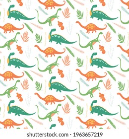 Childish Seamless Dinosaur Pattern, Hand Drawn Textile Illustration