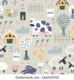 Childish seamless farm pattern . Trendy kids vector background. Perfect for kids apparel, fabric, textile