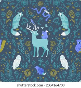 Childish seamless hand drawn pattern with forest animals and floral elements. Cute pattern with deer, hedgehogs, fox in the night wood. Trendy kids print for fabric, wrapping, nursery room wallpaper.