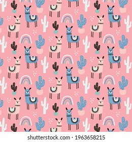Childish Seamless Llama Cactus Rainbow Pattern, Vector Textile Illustration