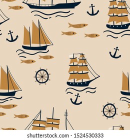 Childish seamless nautical pattern with hand drawn sailboat, anchor, steering wheel. Creative nautical texture for fabric, wrapping, textile, wallpaper, apparel. Vector illustration