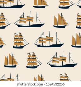 Childish seamless nautical pattern with hand drawn sailboat. Creative nautical texture for fabric, wrapping, textile, wallpaper, apparel. Vector illustration
