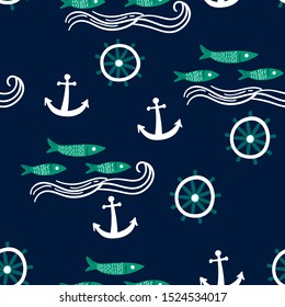 Childish seamless nautical pattern with hand drawn anchor, fish,steering wheel. Creative nautical texture for fabric, wrapping, textile, wallpaper, apparel. Vector illustration