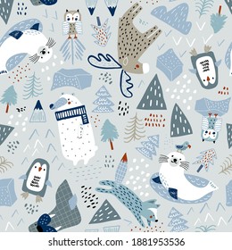 Childish seamless nordic pattern. Creative hand drawn north pole background. Vector background for fabric, textile, apparel, wallpaper.