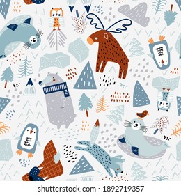 Childish seamless nordic pattern. Creative hand drawn north pole background. Vector background for fabric, textile, apparel, wallpaper.