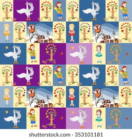 Childish seamless patchwork pattern with boy and girl, swan, fairy town and fruit trees. Fantasy vector illustration.