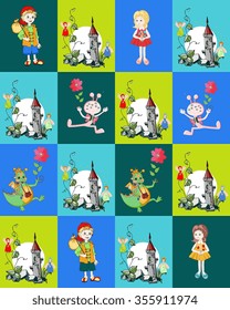 Childish seamless patchwork pattern with boy, girl, dragon, fantasy tower with fairies and creature. Cute vector illustration of quilt.
