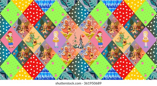 Childish seamless patchwork pattern. Fairy vector illustration. Quilting design for kids.