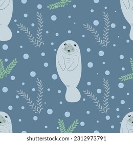 Childish seamless patter with manatee. Blue background with cartoon animal. Vector illustration for fabric, wrapping, textile, wallpaper, apparel. svg