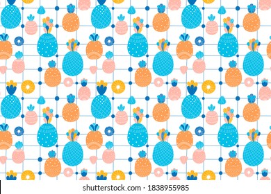 Patrón chileno sin fisuras de caricatura abstracta piñas enteras multicolores, sus rodajas, cuadrícula cuadrada y círculos sobre un fondo blanco. Para ropa, tela, textiles, papel pintado para niños. Vector.