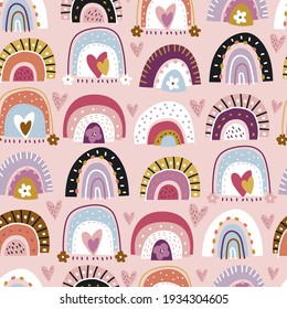 Childish seamless pattern with abstract hand drawn rainbows, flowers and hearts. Trendy kids vector background.