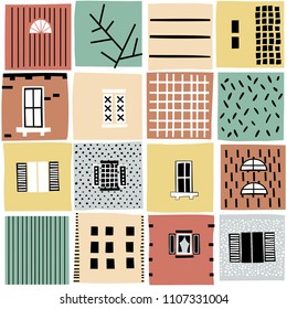 Patrón infantil sin fisuras con casas abstractas y texturas y formas dibujadas a mano. Fondo vectorial de estilo infantil ideal para tejidos y textiles, papel pintado, fondos de fondo.