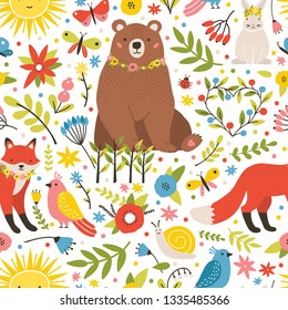 Childish seamless pattern with adorable animals, birds, blooming spring meadow flowers on white background. Springtime backdrop. Seasonal flat vector illustration for wrapping paper, textile print.