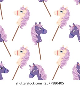 childish seamless pattern of adorable hobby horse with pink mane on stick on white background